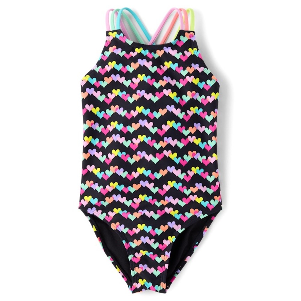 The Childrens Place Girls Rainbow Heart One Piece Swimsuit UPF 50+ Black Multi
